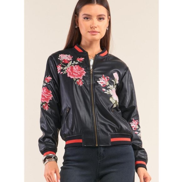 Sugarlips Jackets & Blazers - Rose Embroidery Vegan Leather Jacket NWT